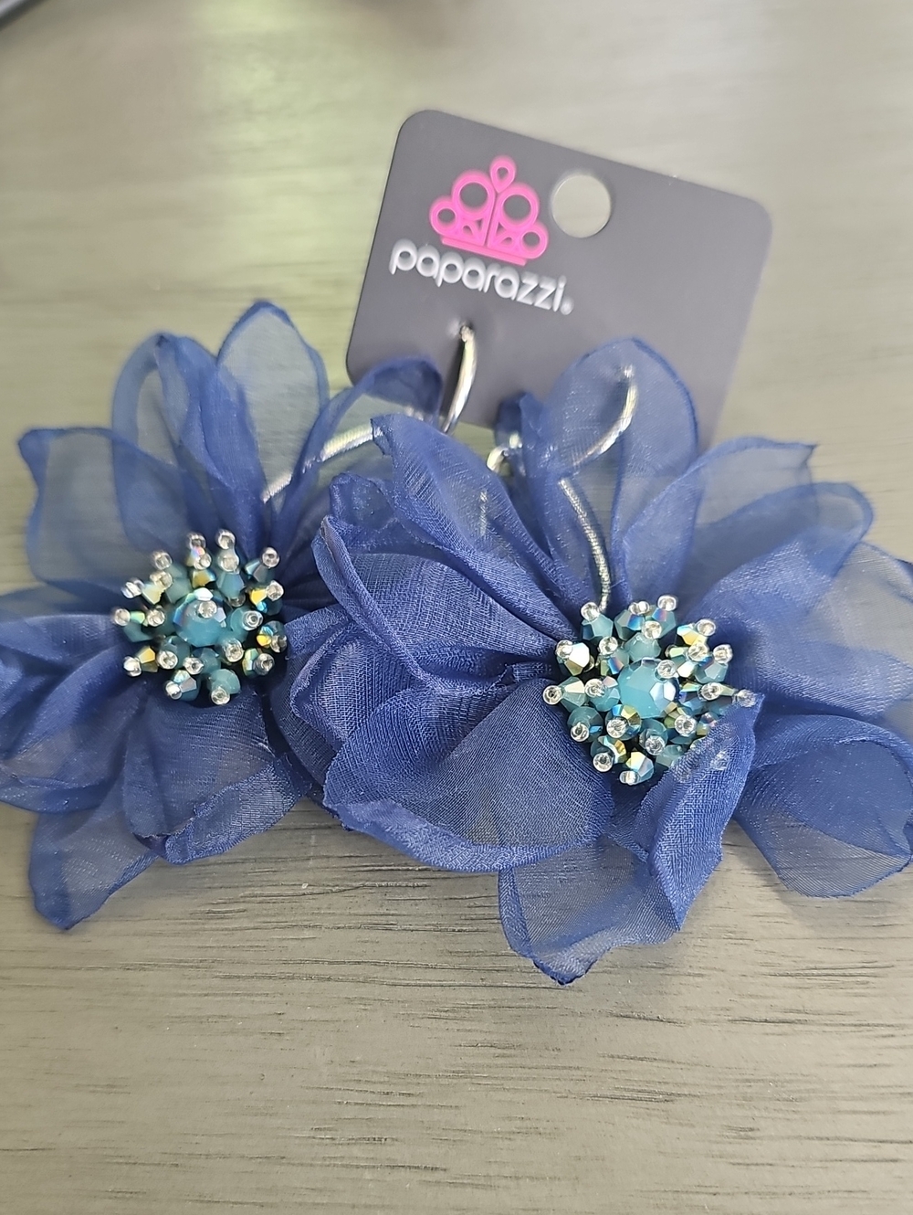 paparazzi Blue Floral Dangle Earrings with Aqua Rhinestone Centers